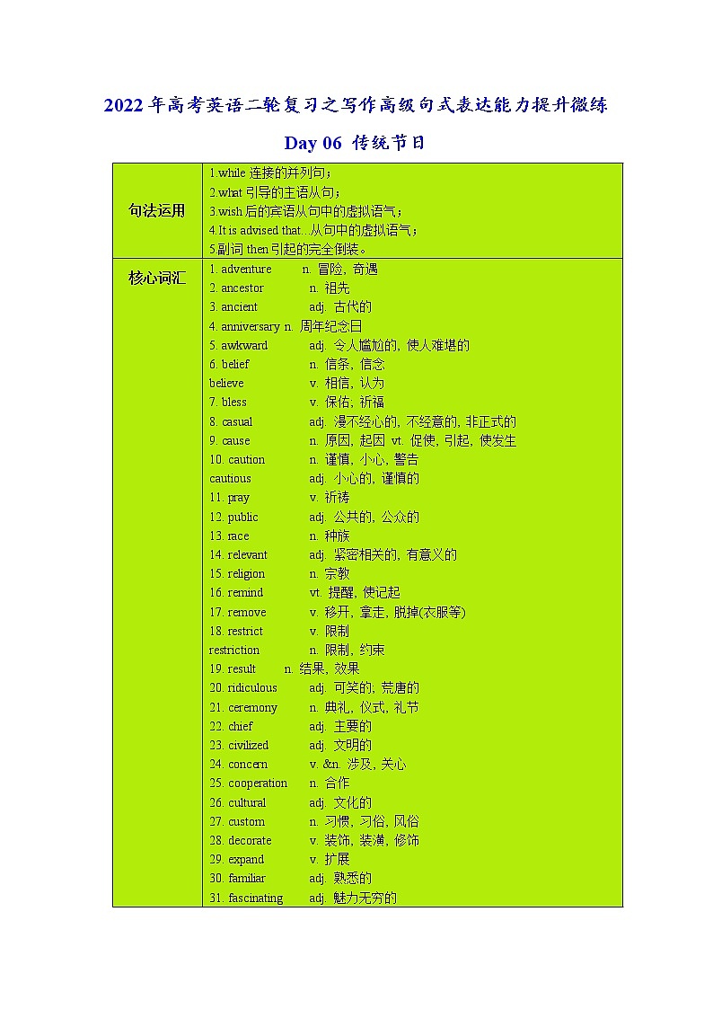 Day 06 传统节日(原卷版)-2022年高考英语二轮复习之写作高级句式表达能力提升微练学案第1页