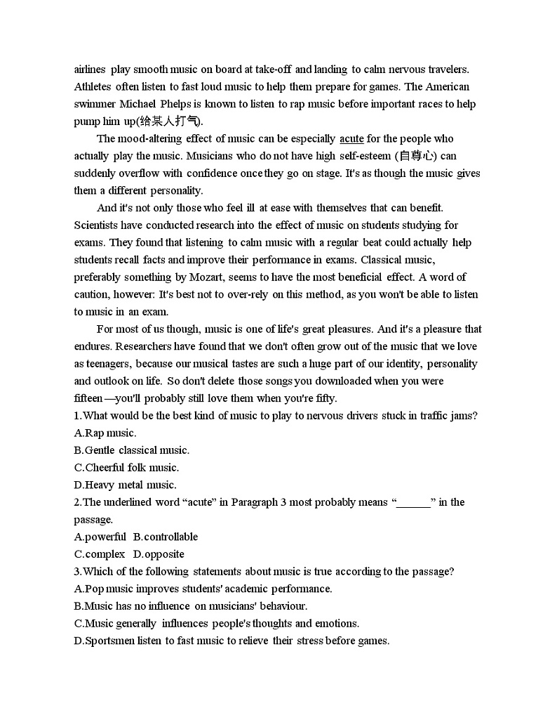 Unit 5 Music part 2-2022版英语必修2 人教版（新课标） 同步练习 （Word含解析）03