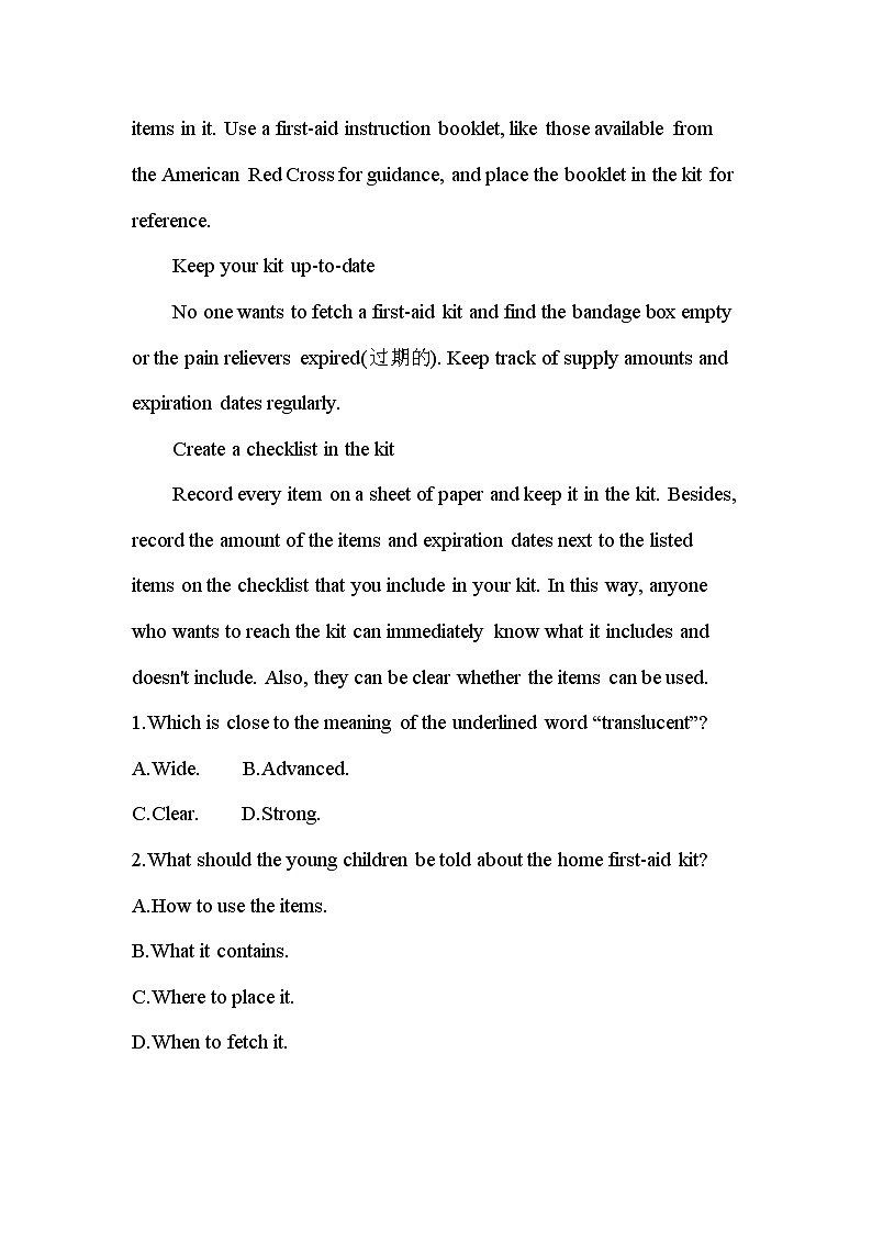 UNIT 5　FIRST AID 达标检测-2022版英语选择性必修第二册人教版（2019） 同步练习 （Word含解析）02