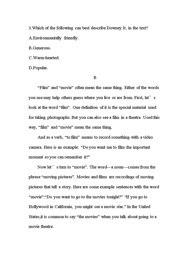 Unit 1　Lights, camera, action! 达标检测-2022版英语必修第二册译林版（2019） 同步练习 （Word含解析）03