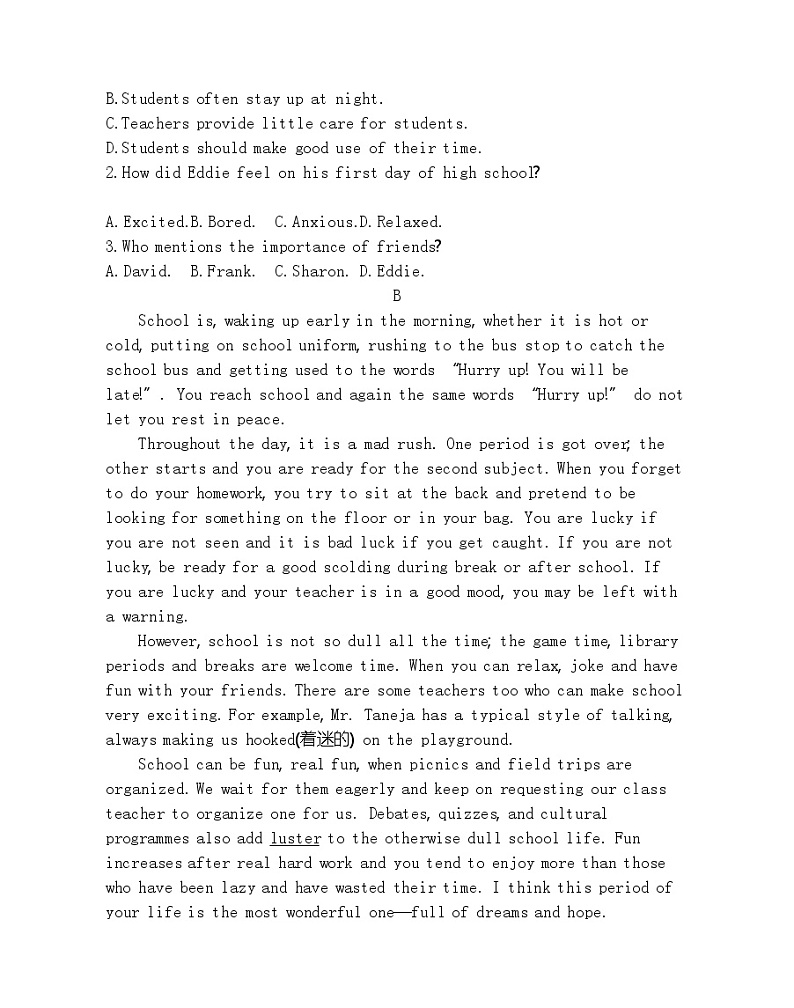 Unit 1　Back to school 达标检测-2022版英语必修第一册译林版（2019） 同步练习 （Word含解析）第2页