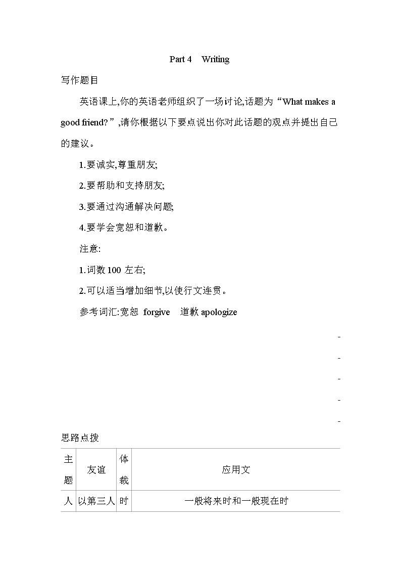 Unit 1　Friendship Part 4Writing-2022版英语必修1 人教版（新课标） 同步练习 （Word含解析）01