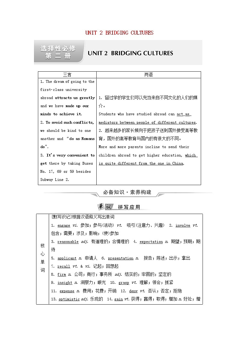2021-2022学年高中英语新人教版 选择性必修第二册 Unit2 Bridging Cultures 学案第1页