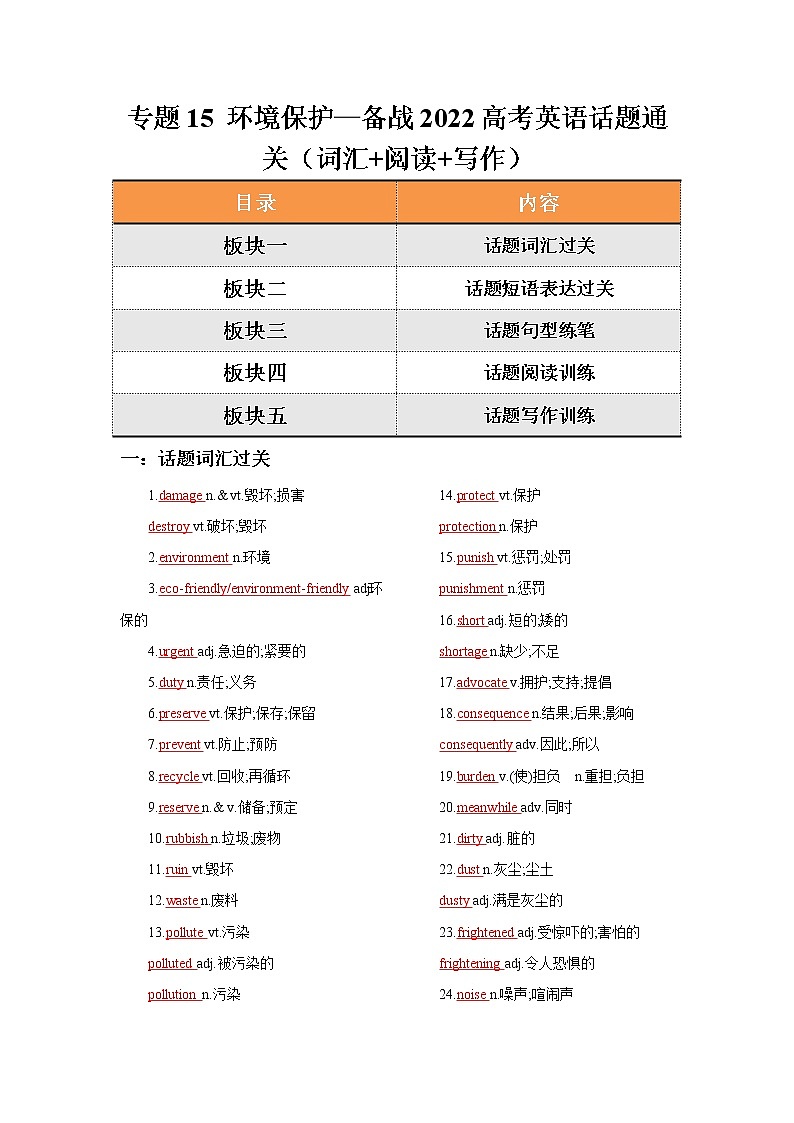 专题14 自然灾害—备战2022高考英语话题通关（词汇 阅读 写作）第1页