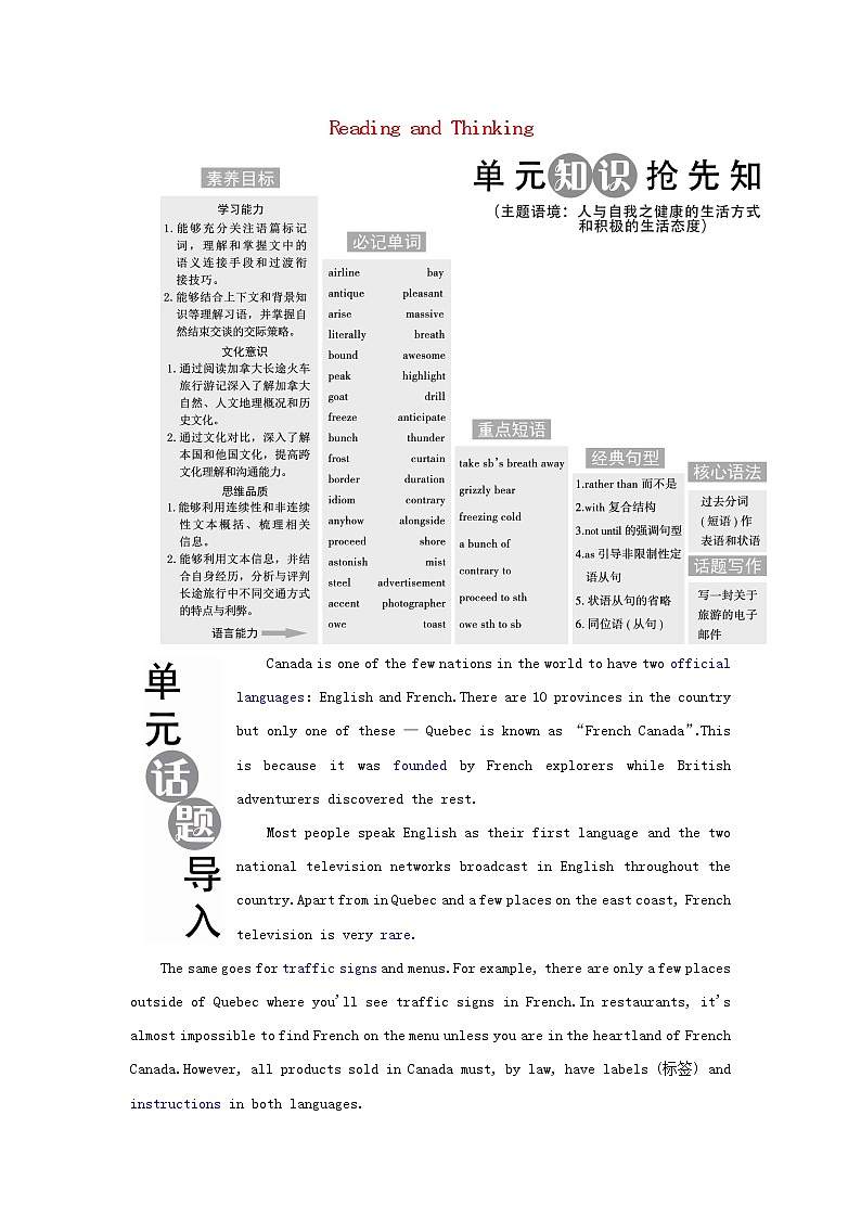 2021_2022学年新教材高中英语UNIT4JOURNEYACROSSAVASTLANDSectionⅠReadingandThinking学案新人教版选择性必修第二册第1页