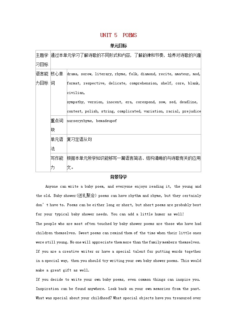 2022版新教材高中英语UNIT5POEMSSectionⅠReadingandThinking学案新人教版选择性必修第三册01