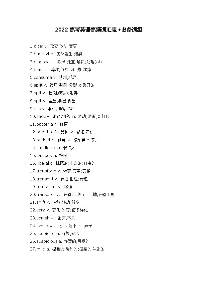 2022高考英语高频词汇表+必备词组教案第1页