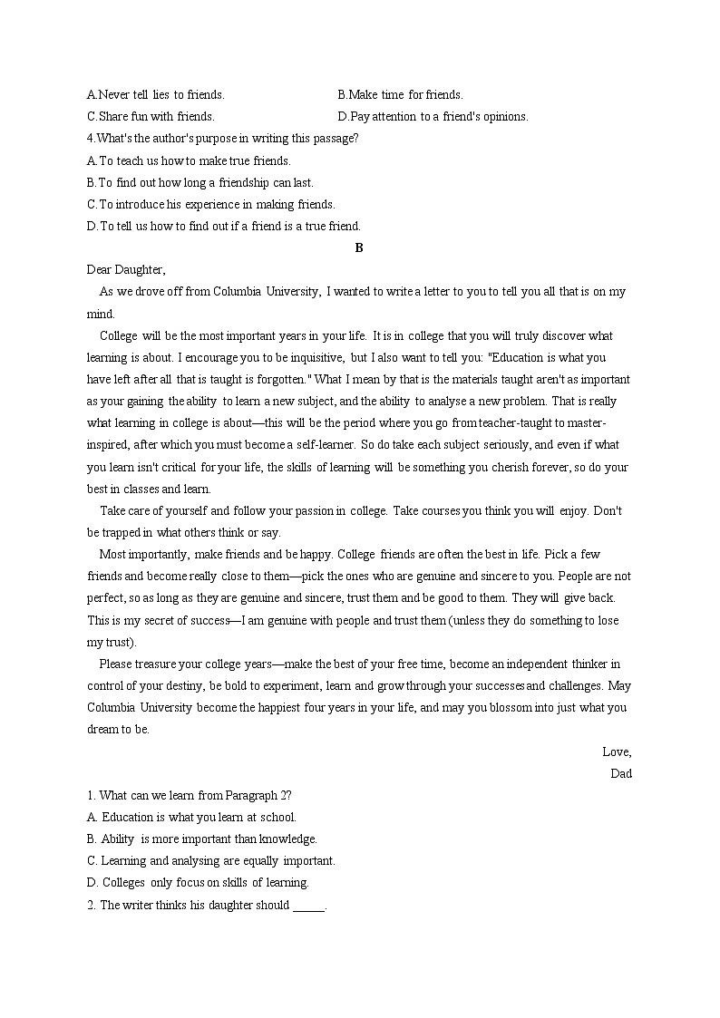 Unit 1 Knowing me,knowing you A卷 基础夯实-2021-2022学年高一英语外研版（2019）必修三单元测试AB卷02