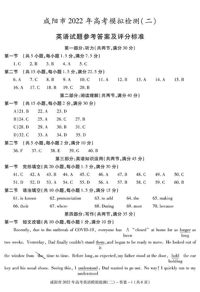 2022届陕西省咸阳高三二模英语试卷及答案（含听力音频、材料）01