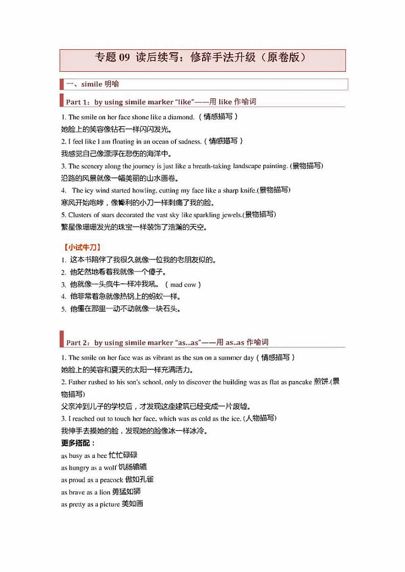 2022高考英语读后续写核心素养与实战演练读后续写专题09：修辞手法升级（原卷版+解析版）01