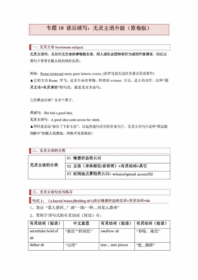 2022年高考英语读后续写核心素养与实战演练专题18：无灵主语升级（原卷版+解析版）第1页