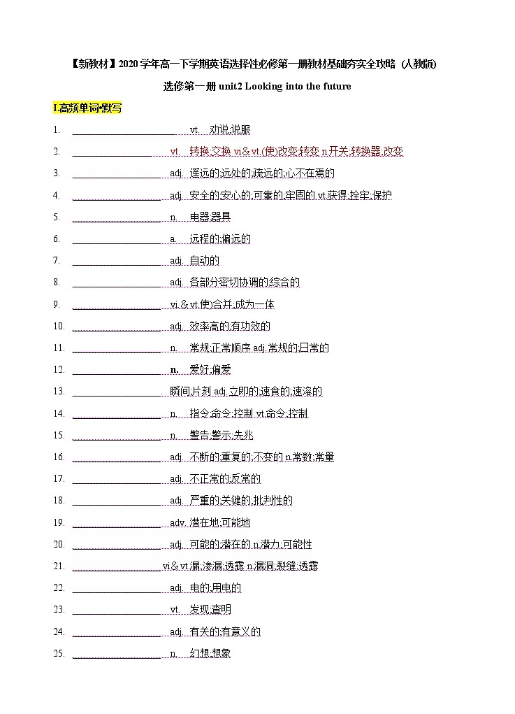 Unit 2 Looking into the future 重点单词多样考查&核心词汇互动学 （人教版选择性必修第一册）练习题01
