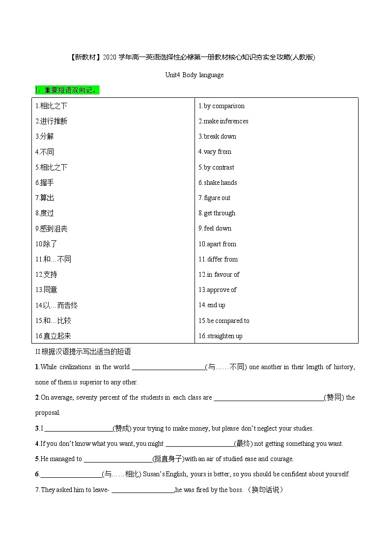 Unit 4 Body Language 重点短语多样练&话题作文素材荟萃（解析版）第1页