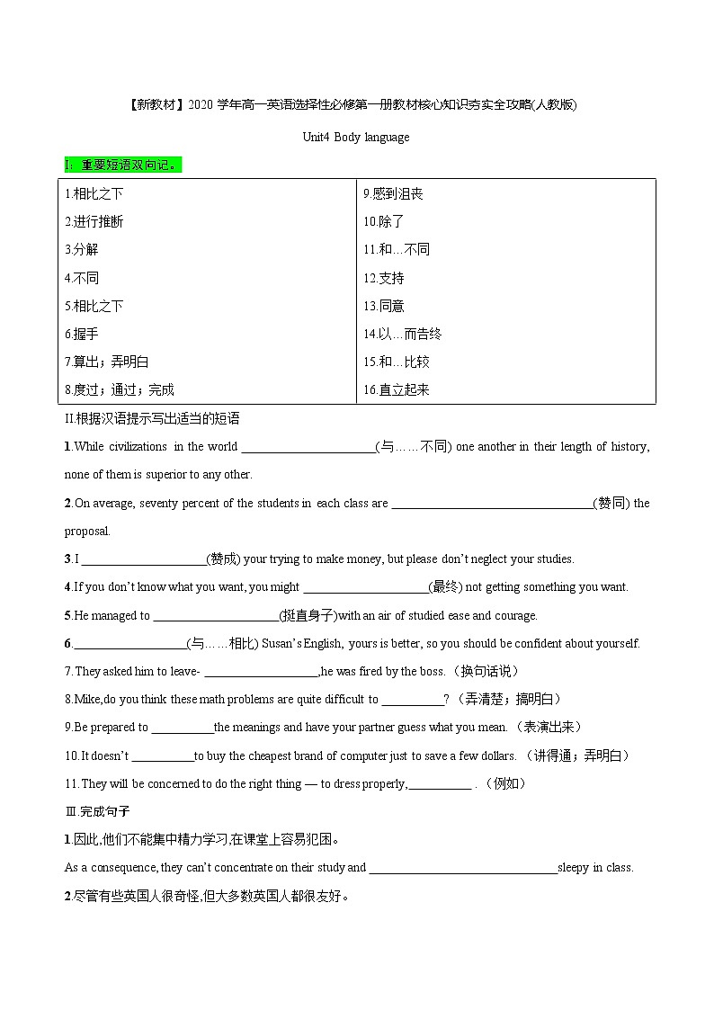 Unit 4 Body Language 重点短语多样练&话题作文素材荟萃（原卷版）第1页