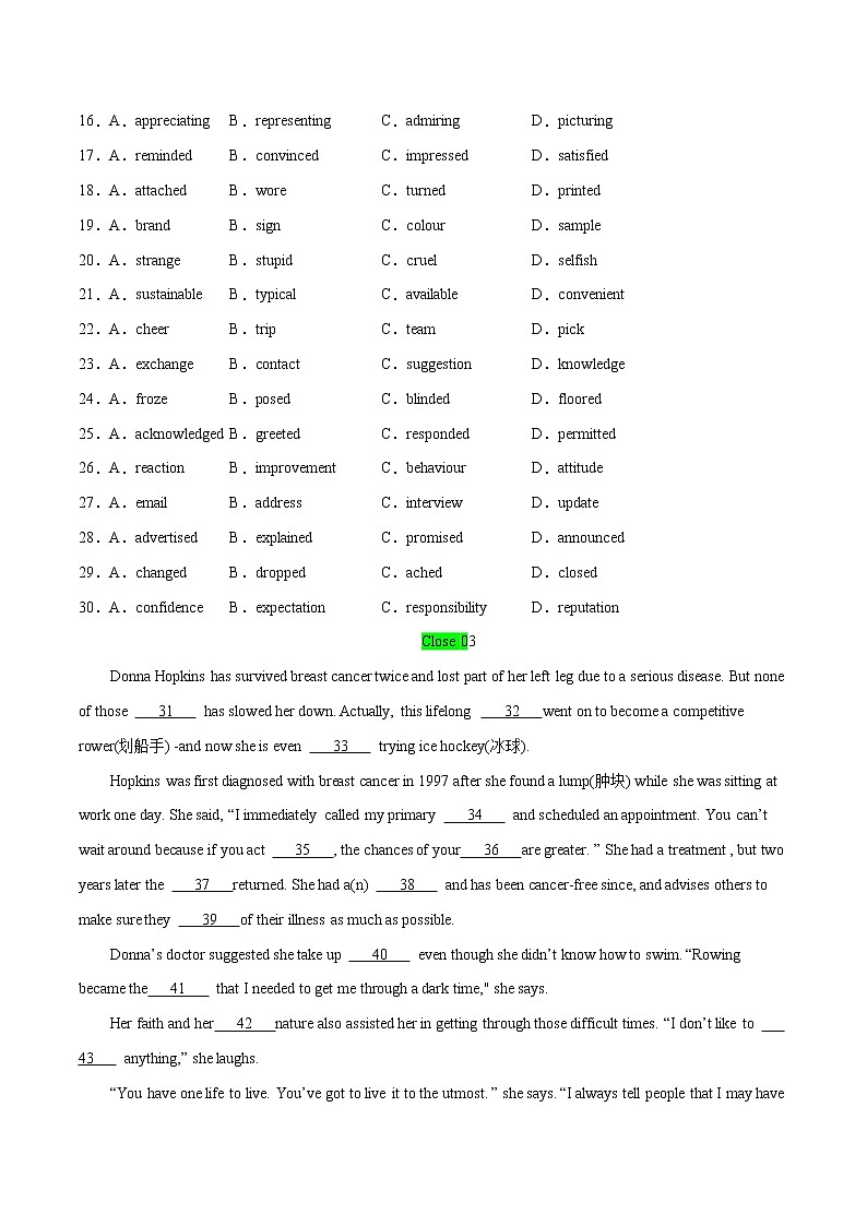 作业23-完形填空专项练 - 2021年高二英语暑假作业（人教版2019）（原卷版）第3页