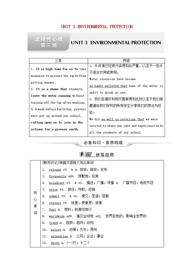 2021-2022学年高中英语新人教版 选择性必修第三册 Unit3 Environmental Protection 学案第1页