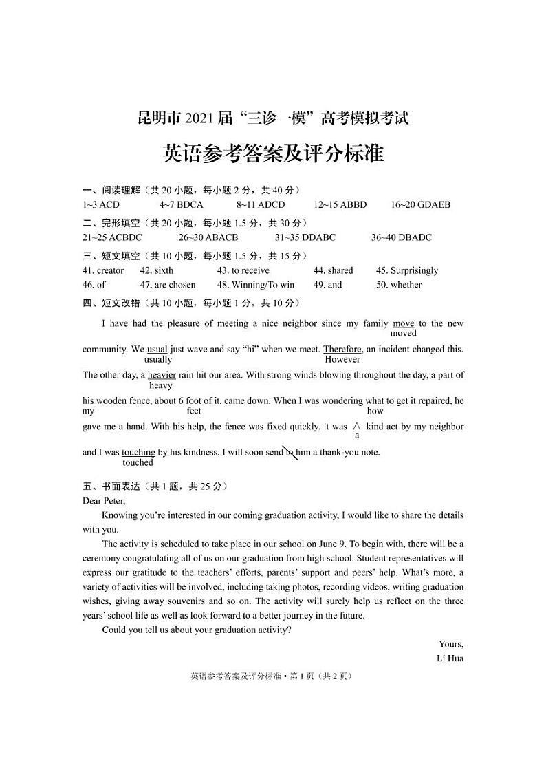 2021年5月昆明市高三统测英语答案第1页