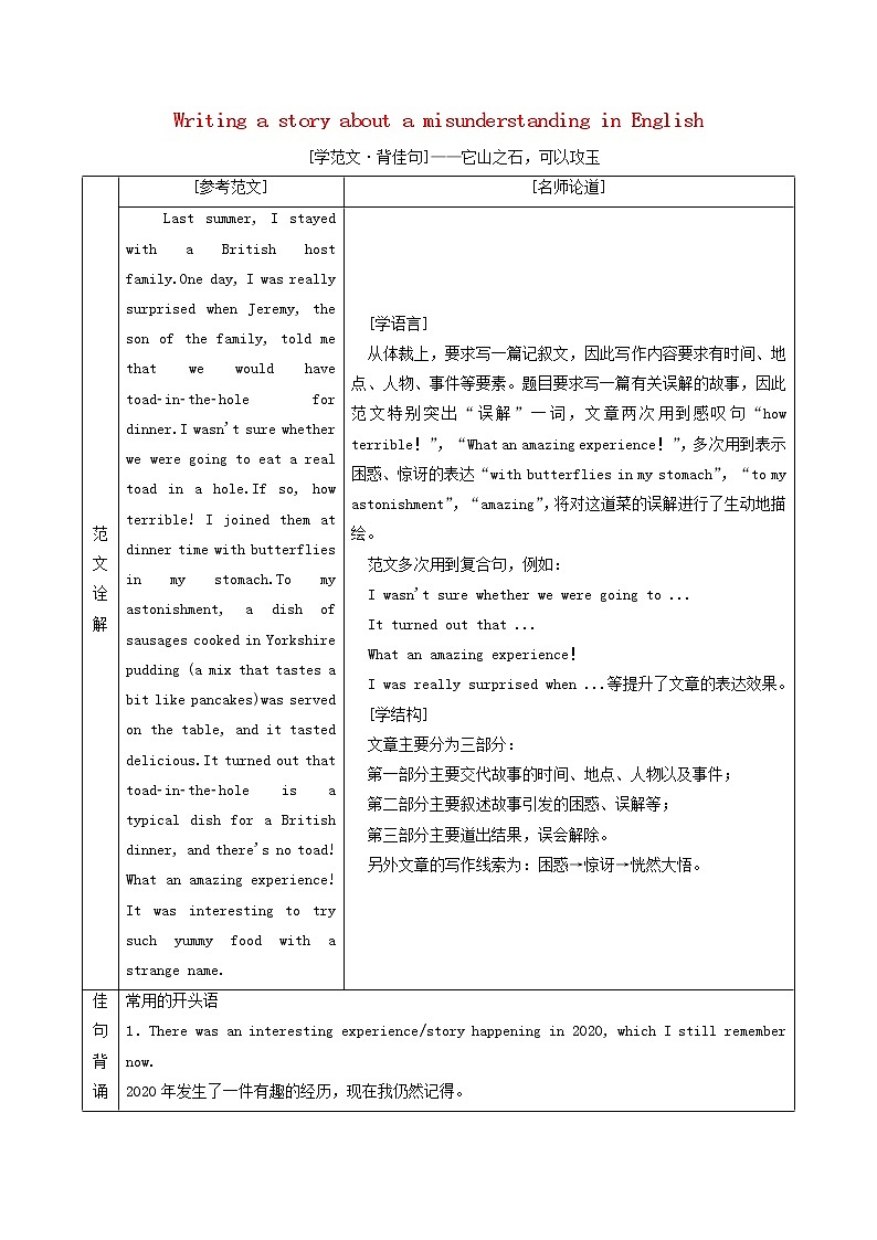外研版必修第一册Unit2 Exploring English SectionⅣWritingastoryaboutamisunderstandinginEnglish学案01