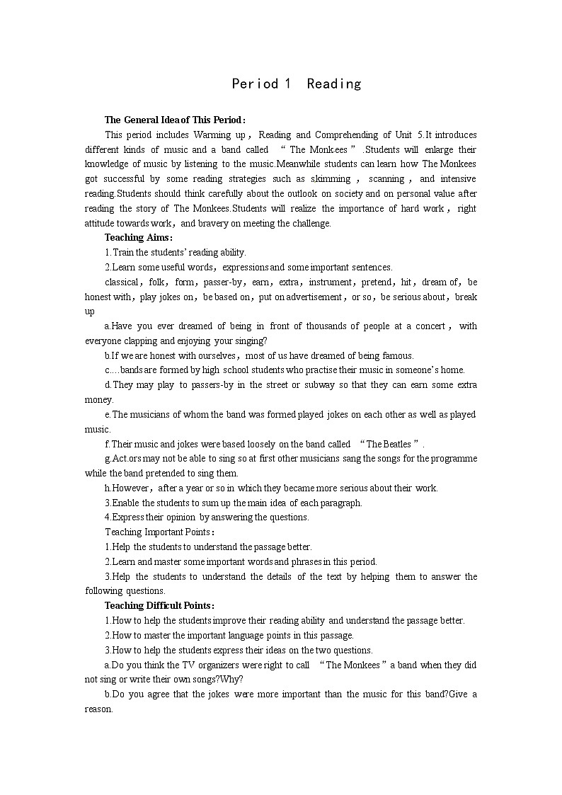 高中人教版英语必修二（Unit5 Music--Period1 Reading）教案第1页