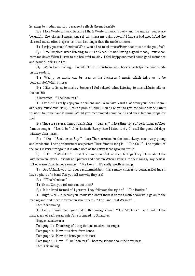 高中人教版英语必修二（Unit5 Music--Period1 Reading）教案第3页