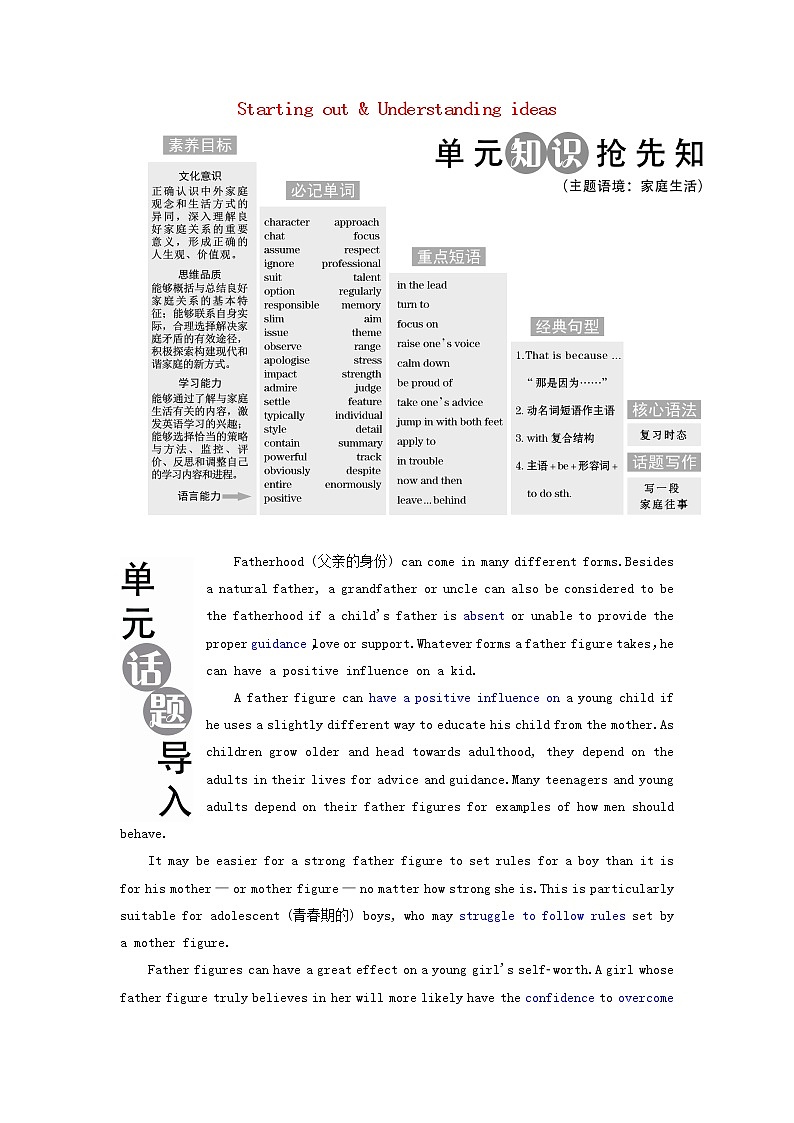 外研版必修第一册Unit3 Family matters SectionⅠStartingout&Understandingideas学案01