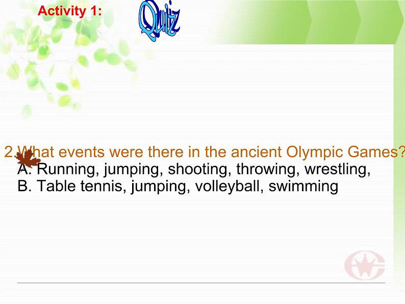 人教新课标必修2  Unit2 The Olympic Games  Warming up pre reading comprehending 课件06