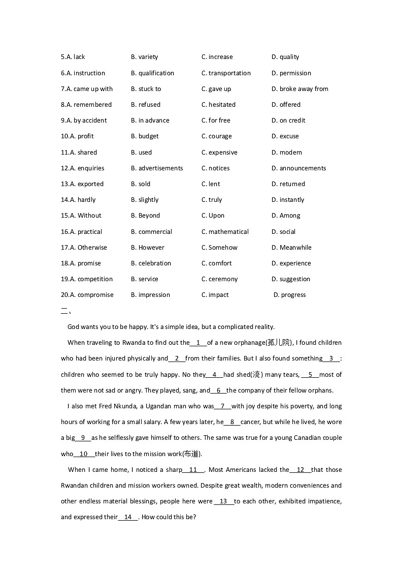 （6）完形填空（20空）——【新课标全国卷】2022届高考英语三轮复习考点题号一对一第2页