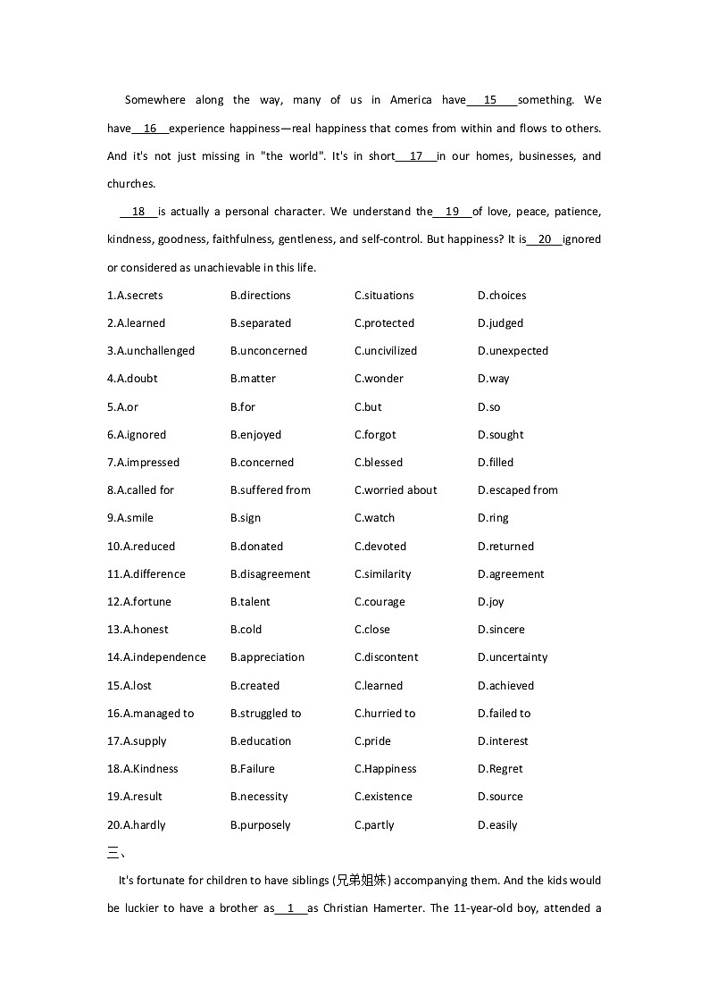 （6）完形填空（20空）——【新课标全国卷】2022届高考英语三轮复习考点题号一对一第3页