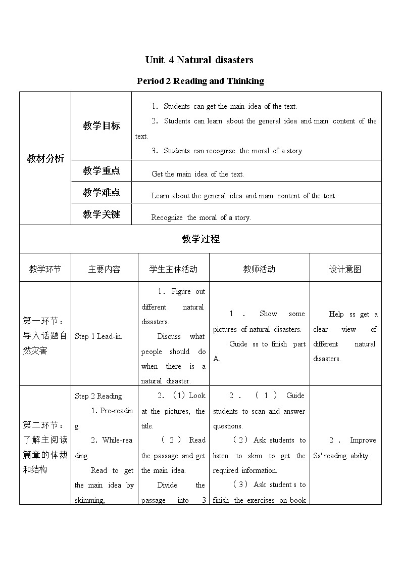 人教版高中英语必修一Unit 4 Natural disasters_Reading and Thinking   教案第1页