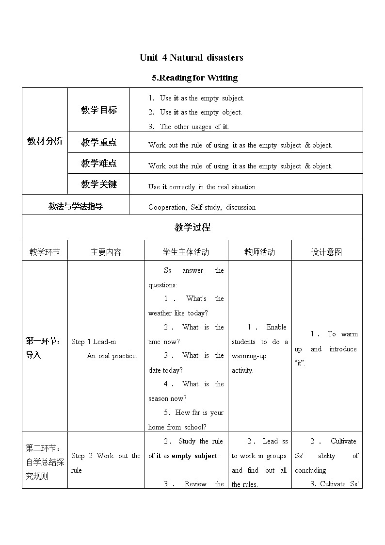 人教版高中英语必修一Unit 4 Natural disasters_ Reading for Writing教案01