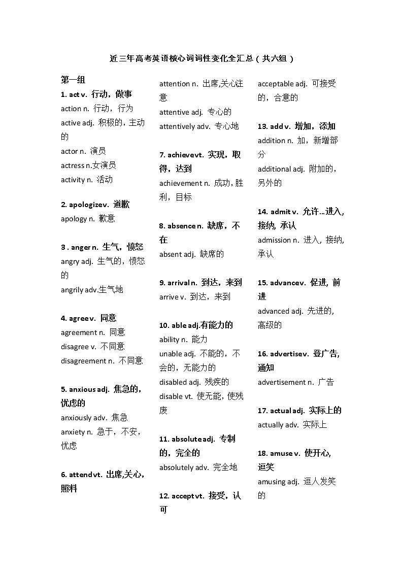 近三年高考英语核心词词性变化全汇总（共六组）01