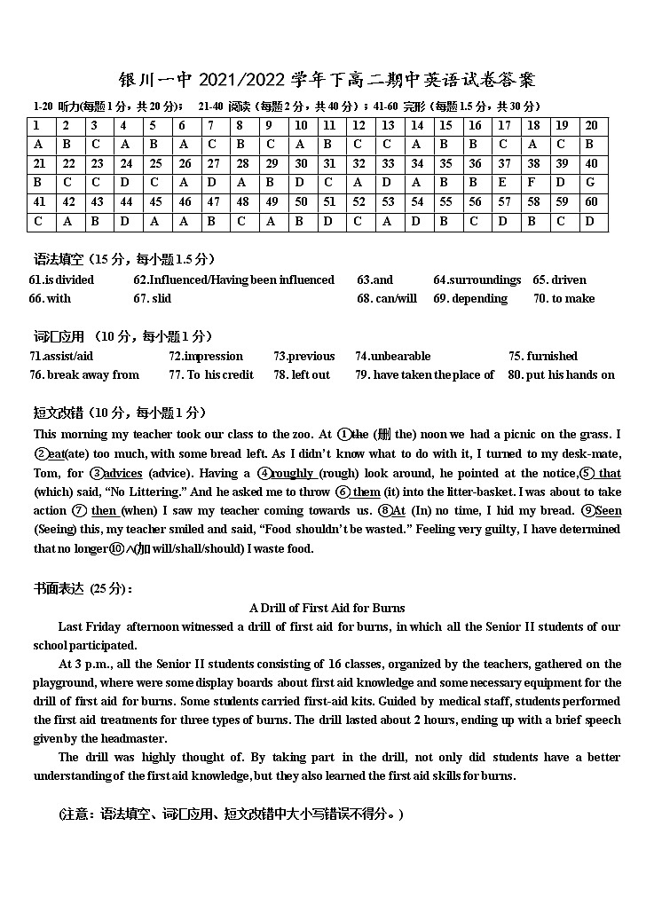 2022回族自治区银川一中高二下学期期中考试英语试题01