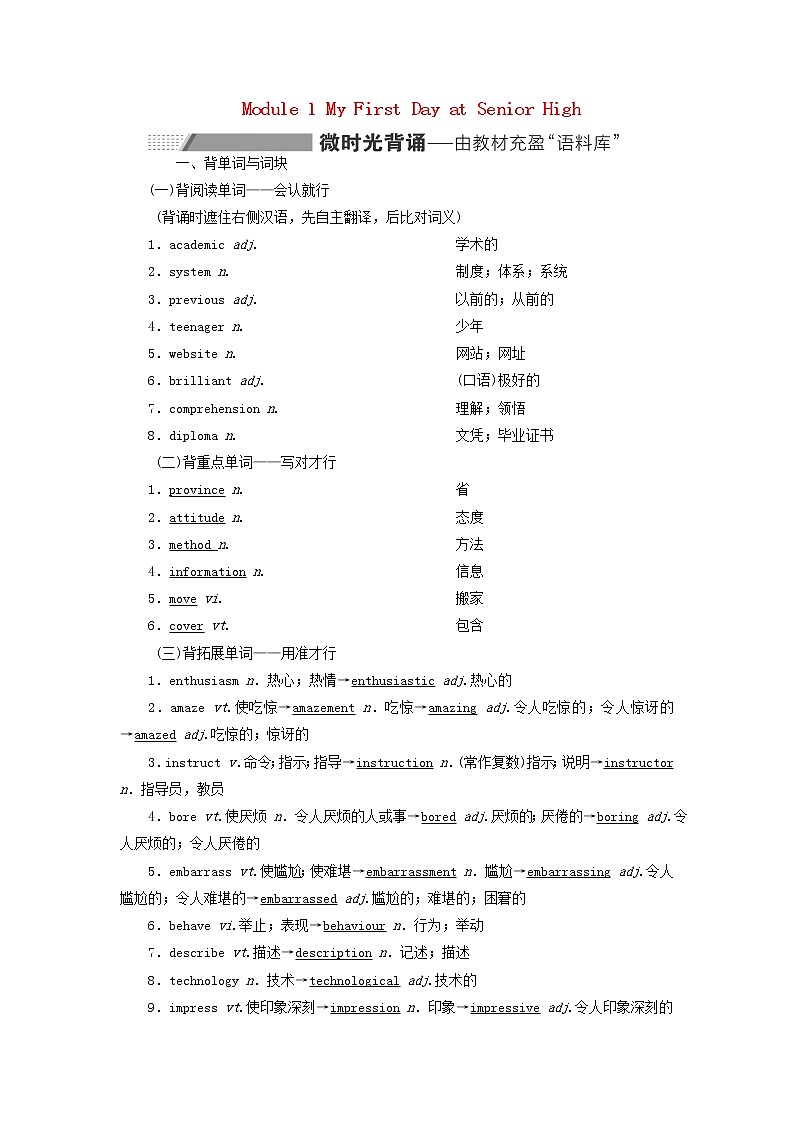 外研版高考英语必修1二轮复习Module1MyFirstDayatSeniorHigh课件+学案+训练01