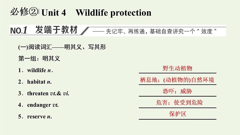 新人教版必修2高考英语一轮复习Unit4Wildlifeprotection课件+学案+训练01