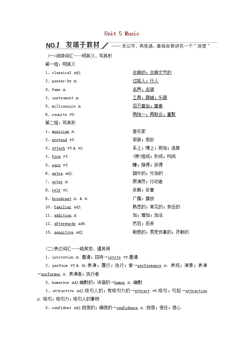 新人教版必修2高考英语一轮复习Unit5Music课件+学案+训练01