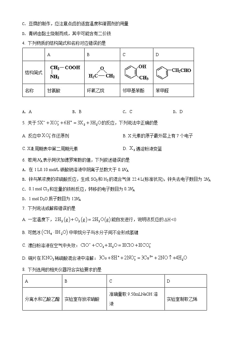 2022届天津市部分区高三质量调查（一）化学试题（无答案）第2页