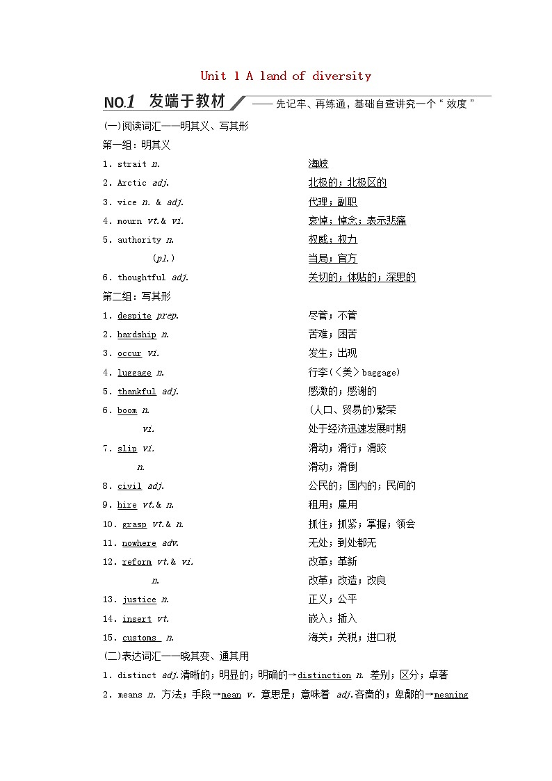新人教版选修8高考英语一轮复习Unit1Alandofdiversity学案第1页