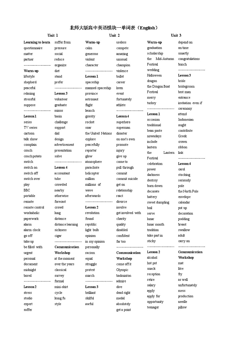 北师大版高中英语单词表学案第1页