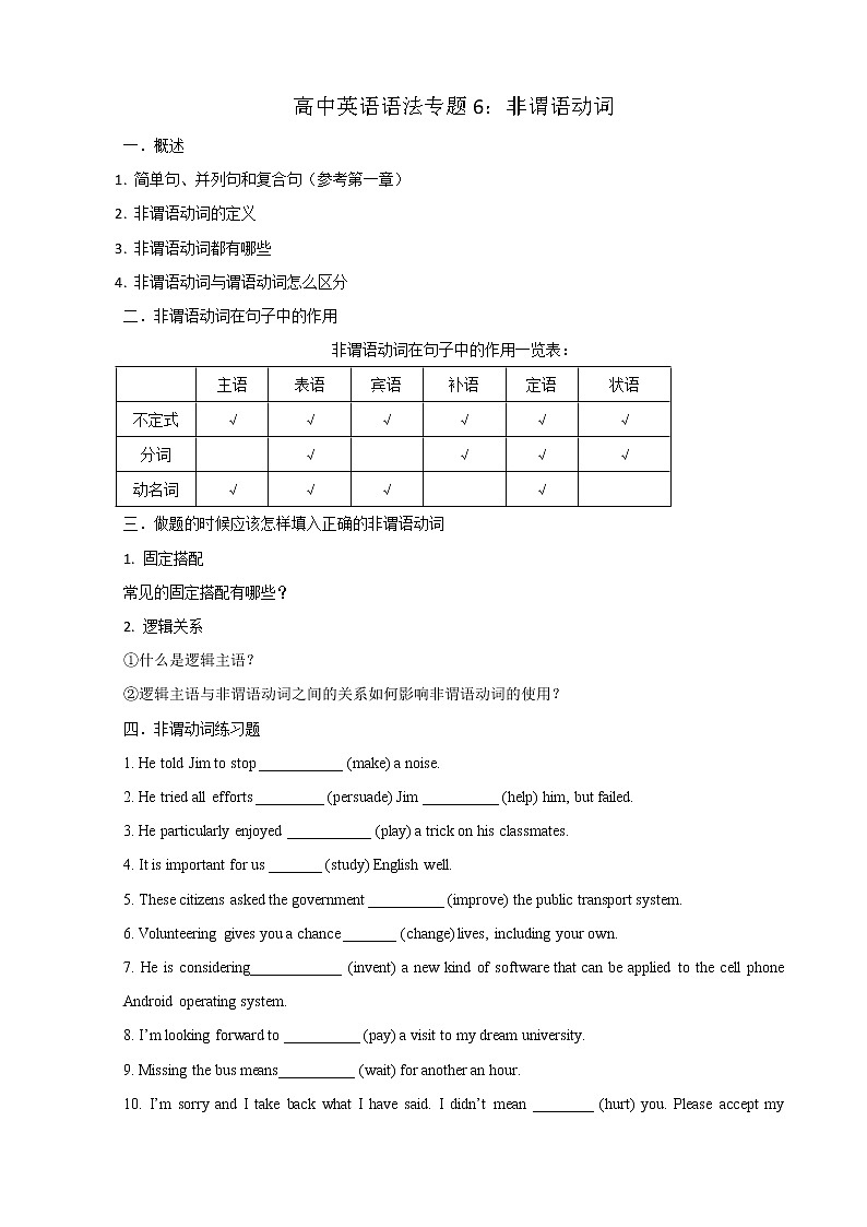 2022届高考英语一轮复习语法专题6：非谓语动词讲义01