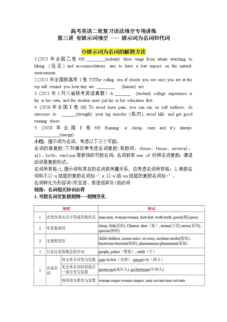 第3讲+有提示词填空+提示词为名词和代词+2022届高考英语二轮复习+语法填空专项精准讲练讲义第1页