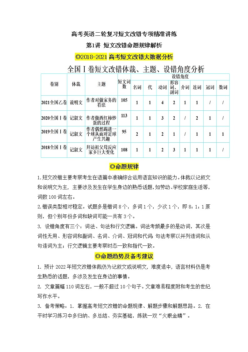 第1讲短文改错命题规律解析2022届高考英语二轮复习短文改错专项精准讲练讲义01