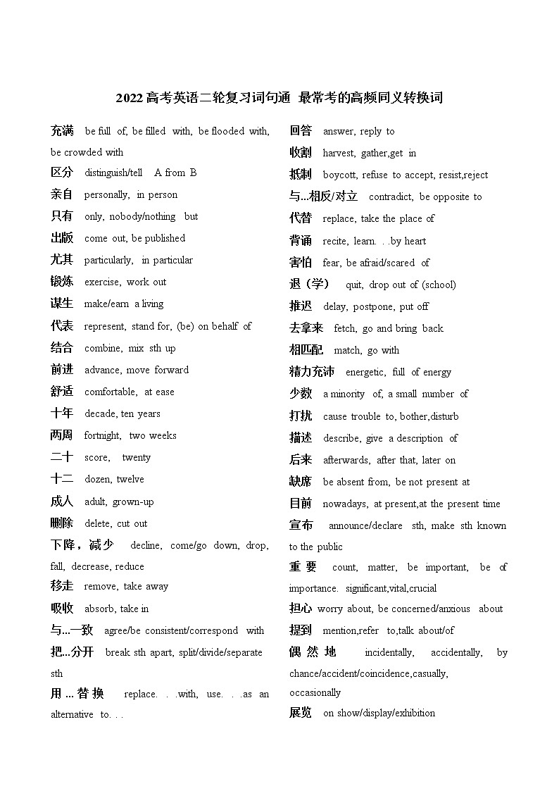 专题03最常考的高频同义转换词-2022高考英语二轮复习词句通第1页