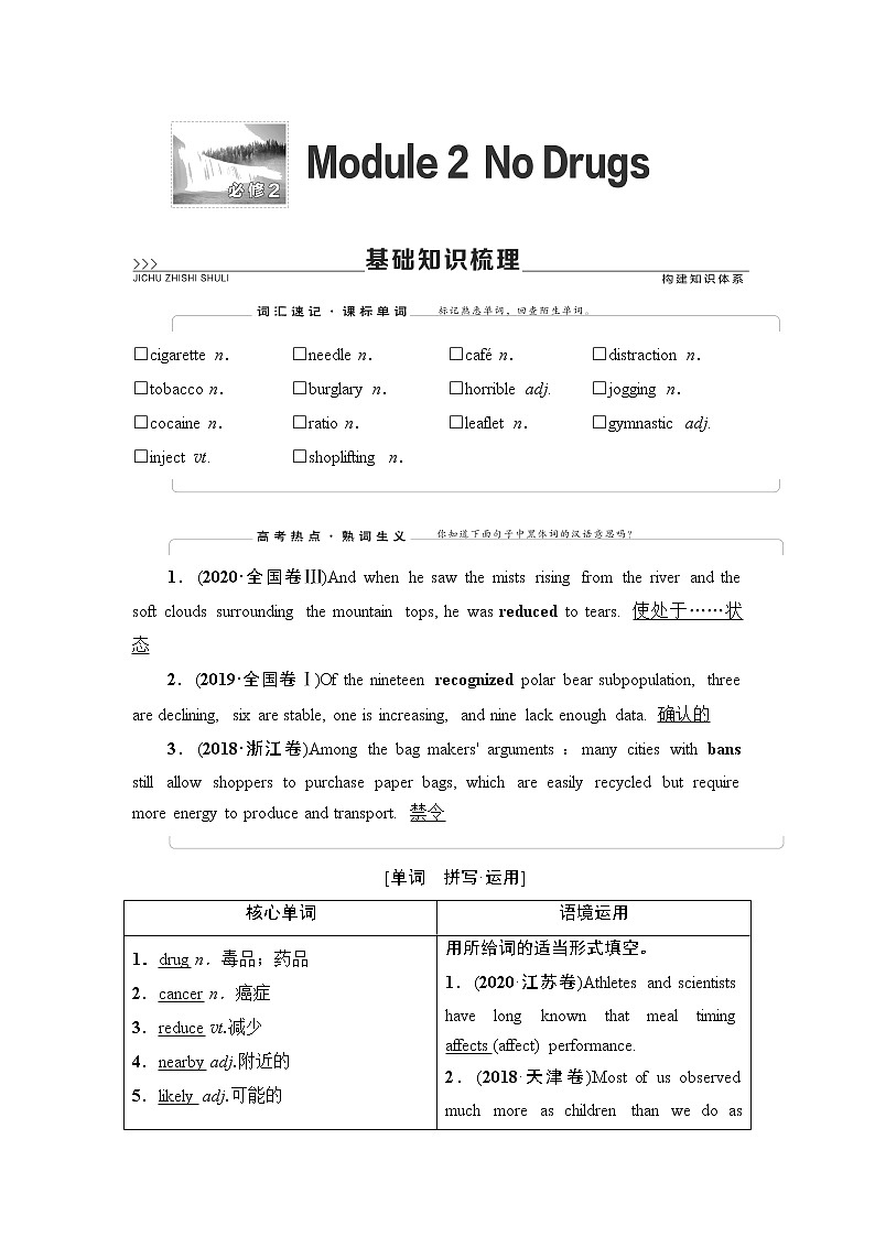 必修2 Module 2 No Drugs-2022高考英语一轮复习【名师导航】配套Word教参(外研版·老教材老高考) 学案01