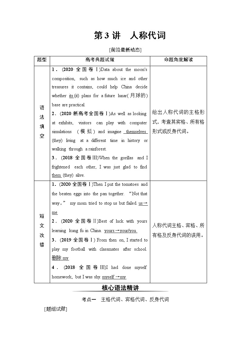 板块1 第3讲 人称代词-2022高考英语一轮复习【名师导航】配套Word教参(外研版·老教材老高考)第1页