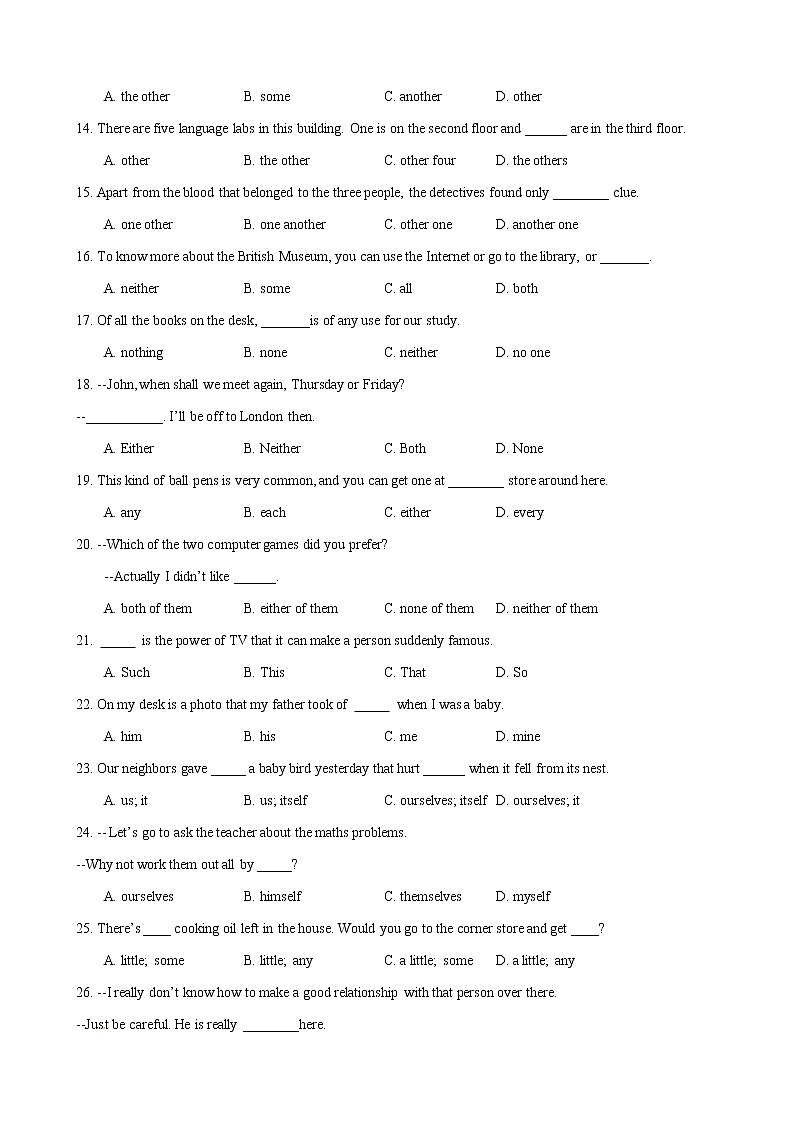 03代词 不定代词 常考易混不定代词辨析-专题训练-2022届高考英语大一轮复习语法系列（原卷版+解析版）02