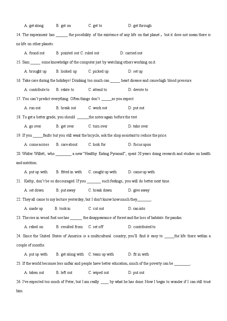 07动词短语辨析技巧 高考高频动词短语-专题训练-2022届高考英语大一轮复习语法系列（原卷版+解析版）02