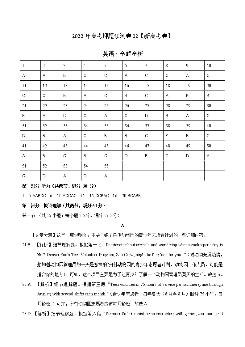 2022年高考押题预测卷（新高考卷）含听力02-英语（全解全析）第1页