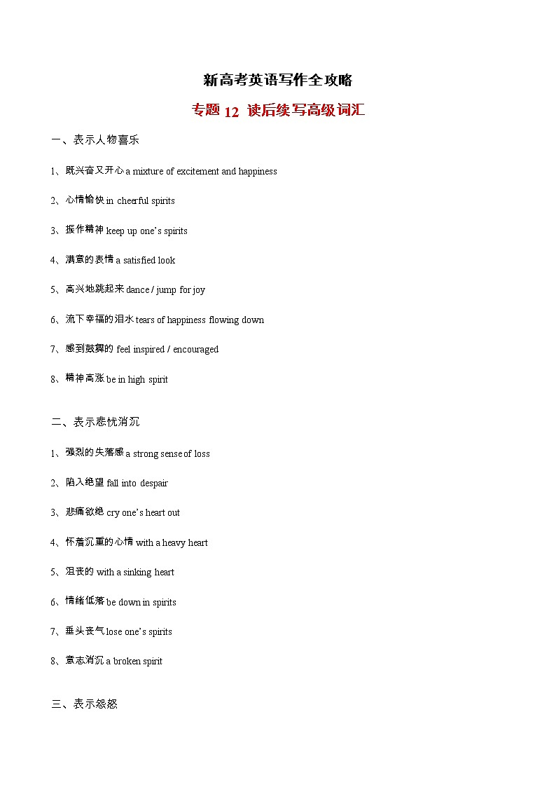 专题12 读后续写高级词汇-备战2022年新高考英语写作全攻略第1页