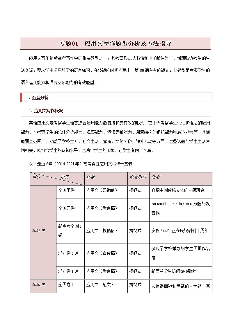 专题01++应用文写作题型分析及方法指导-2022年新高考英语新题型写作专项解读与训练第1页