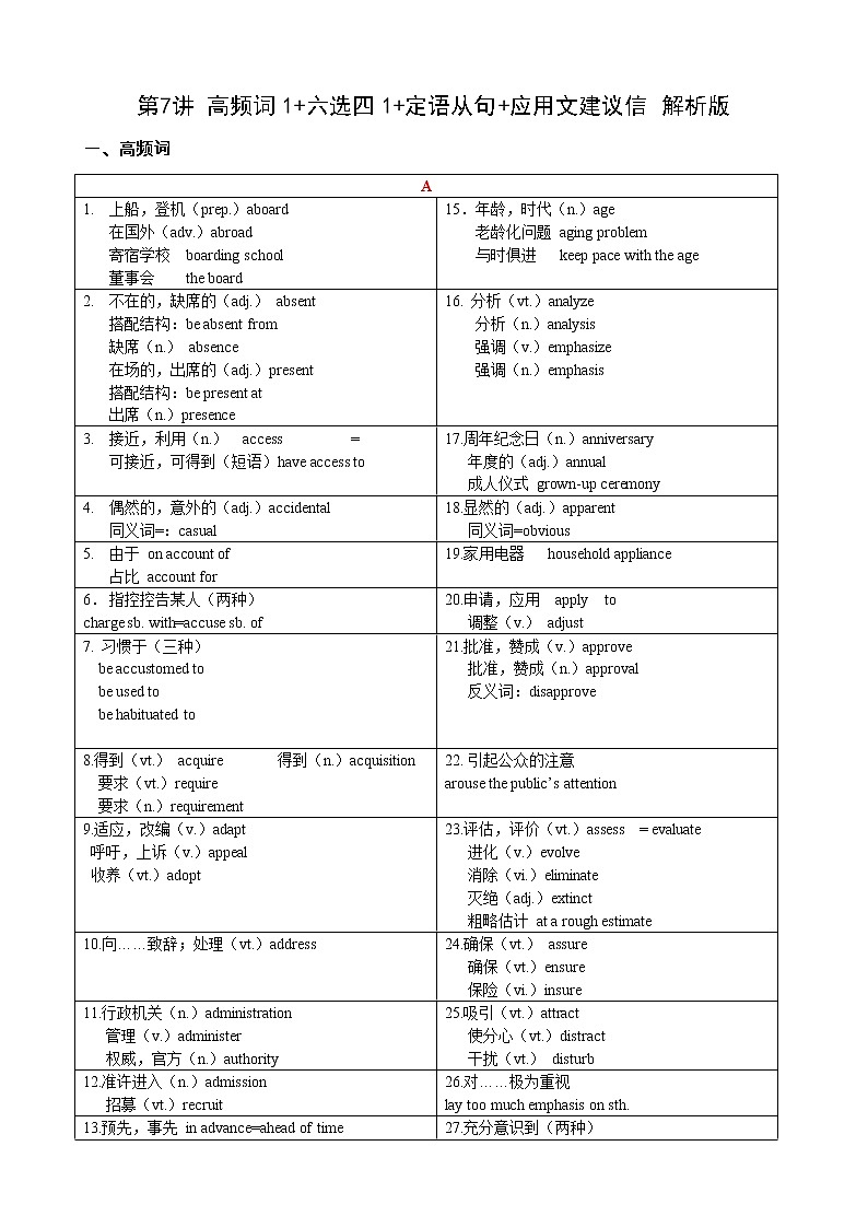 第7讲 高频词1+六选四1+定语从句+应用文建议信 解析版第1页